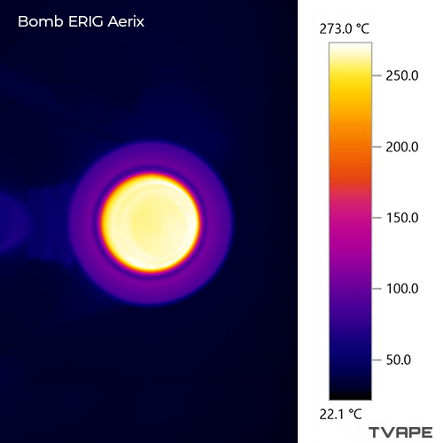 Imagen en primer plano del Bomb Aerix Erig tomada con una cámara térmica, mostrando la cámara de calentamiento después de una sesión a 270 °C
