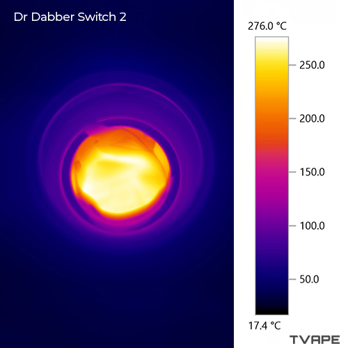 Imagen en primer plano del Dr. Dabber Switch 2 tomada con una cámara térmica, mostrando la cámara de calentamiento después de una sesión a 270 °C