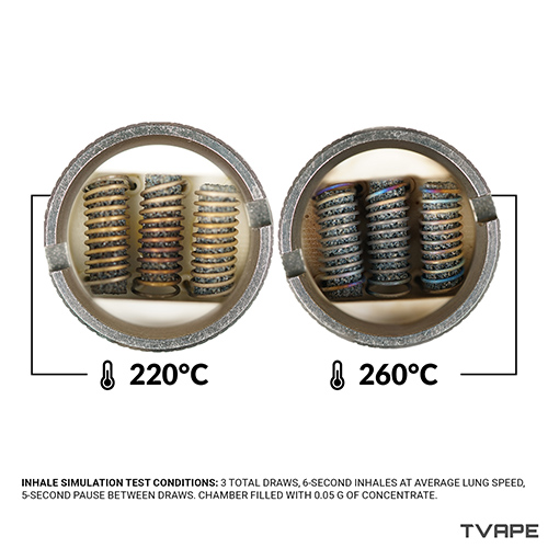 Imagen en primer plano de la wax en la cámara del Core 2.1 después de ser vaporizada a la temperatura más baja y a la más alta