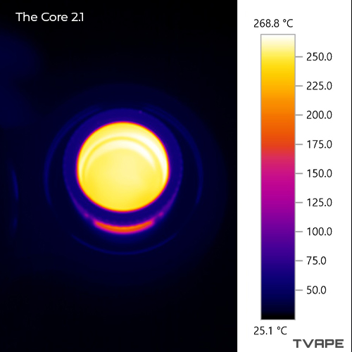 Imagen en primer plano del Core 2.1 tomada con una cámara térmica, mostrando la cámara de calentamiento después de una sesión a 270 °C