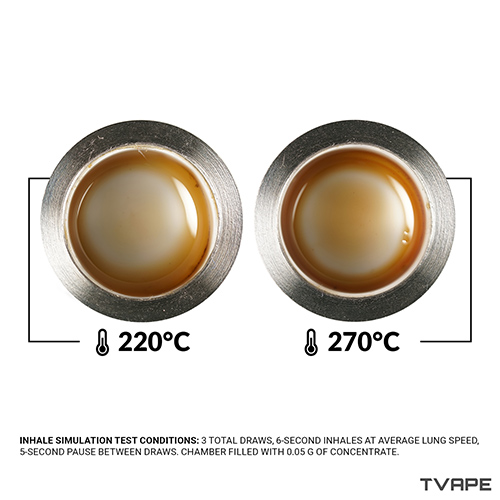 Imagen en primer plano de la wax en la cámara del Utillian 8 Turbo después de ser vaporizada a la temperatura más baja y a la más alta