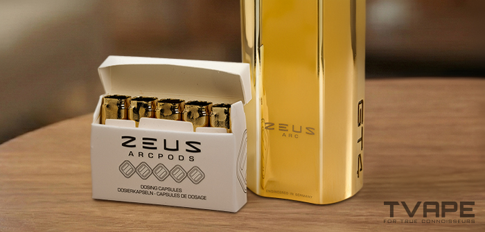 Vaporizador Zeus Arc GT4 (Gold Edition) junto con cápsulas para concentrados.