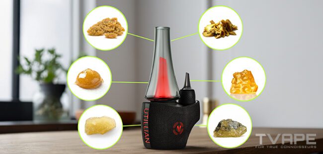 Se muestra un vaporizador de concentrados (Electric Dab Rig) con todos los concentrados de cannabis posibles con los que se puede utilizar.