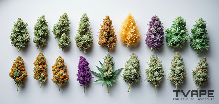 Diferentes variedades de cannabis mostradas una al lado de la otra.