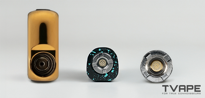 Tres baterías diferentes con rosca 510, que muestran los puntos de contacto eléctrico para garantizar la compatibilidad con las baterías de los vaporizadores.