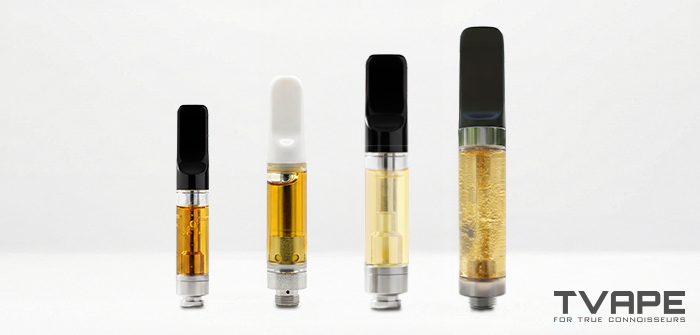 Comparación de diferentes cartuchos para vaporizadores con rosca 510 en varios tamaños y diseños, que muestran cartuchos de cannabis rellenos de aceite para baterías con rosca 510.