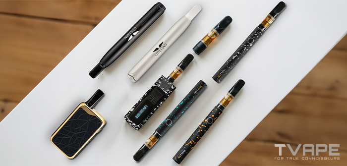 Una selección de baterías de rosca 510 y cartuchos de cannabis, con modelos tipo bolígrafo y modelos compactos, que ilustran las diferentes opciones de equipos para vaporizar concentrados.