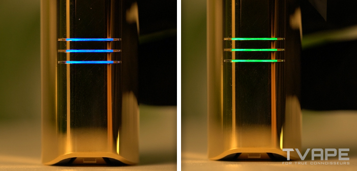 Foto en primer plano del vaporizador Zeus Arc GT4 con los indicadores LED que muestran los ajustes de temperatura.