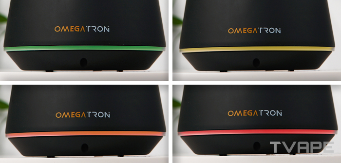 Foto en primer plano del indicador LED que muestra diferentes ajustes de voltaje en la copa de vapor Tronian Omegatron.