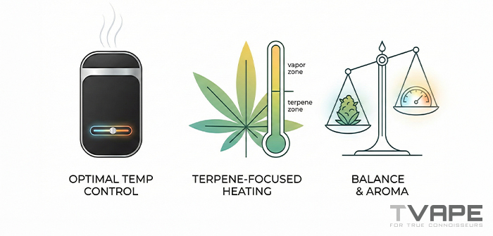 Infograf&iacute;a que destaca tres caracter&iacute;sticas clave del vaporizador: control &oacute;ptimo de la temperatura, calentamiento centrado en los terpenos con un term&oacute;metro que muestra las zonas de &laquo;terpenos&raquo; y &laquo;vapor&raquo;, y equilibrio y aroma representados por una balanza.