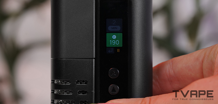 Vaporizador Arizer Go SRT: primer plano de la pantalla con la selecci&oacute;n de ajustes de temperatura
