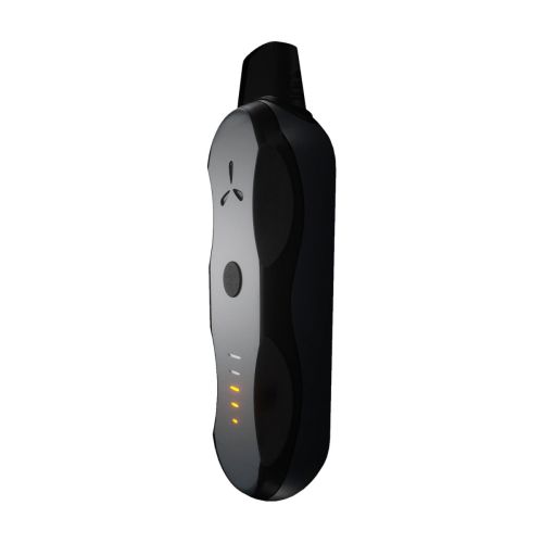 Perfil lateral delgado del AirVape XS Go en posición vertical, destacando su cuerpo ergonómico curvado.