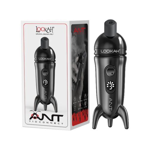 Vaporizador dab pen Lookah Ant negro con su diseño único tipo hormiga y tres patas, mostrado junto a su caja de embalaje.