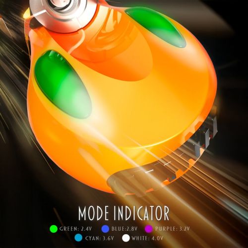Batería de vape Lookah FF1 510 thread naranja futurista con indicadores de modo verdes, fondo dinámico con rayas de luz, ajustes de voltaje variable.