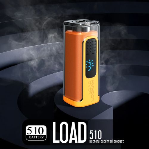 Batería con rosca Lookah Load 510 en naranja, parte superior transparente que revela los componentes internos, pantalla LED azul iluminada que muestra el estado de la carga, diseño ergonómico ideal para el vapoteo de cannabis portátil.