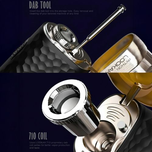 Primer plano del bolígrafo dab Lookah Python, con herramienta dab insertada en el agujero de almacenamiento para una fácil extracción y limpieza, utiliza bobinas propietarios 710 para una producción de vapor mejorada y mejor sabor en el dab portátil.