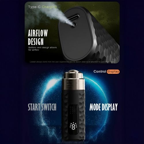 Infografía del vaporizador de cera Lookah Python que resalta la carga Type-C, diseño de ventilación inferior para tiradas suaves, interruptor de inicio y pantalla de modo, bolígrafo dab premium con bobinas 710