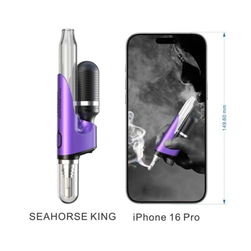 Dimensiones del bolígrafo Lookah Seahorse King junto a un iPhone.