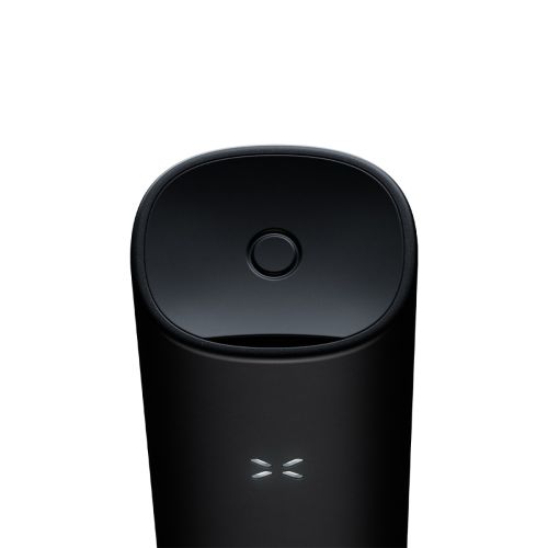 Primer plano de la boquilla PAX Flow (Onyx) y el indicador LED: detalle del vaporizador portátil.
