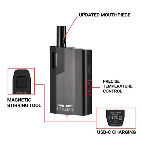 Utillian 621 con boquilla, botones de control de temperatura, herramienta de agitación magnética y puerto de carga USB-C