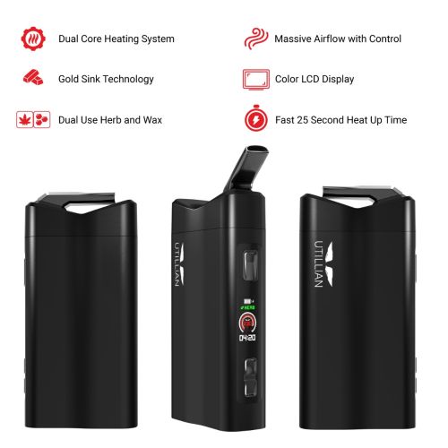 El vaporizador Utillian 850 - visto desde el frente, el lado y la espalda, con todas las características clave: sistema de calefacción de doble núcleo, tecnología Gold Sink, pantalla LCD a color, uso dual para hierbas y wax, flujo de aire masivo con contr