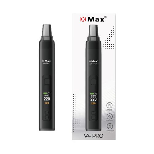 El vaporizador portátil XMax v4 Pro se muestra junto con su embalaje.