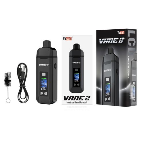 Empaque del vaporizador Yocan Vane 2 con dispositivo, cable USB, cepillo de limpieza y manual de instrucciones.