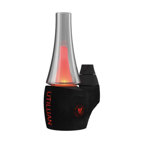 Pipa eléctrica Utillian 8 Turbo en color negro, con un bubbler de cristal que brilla en rojo y una tapa de carbón giratoria doble