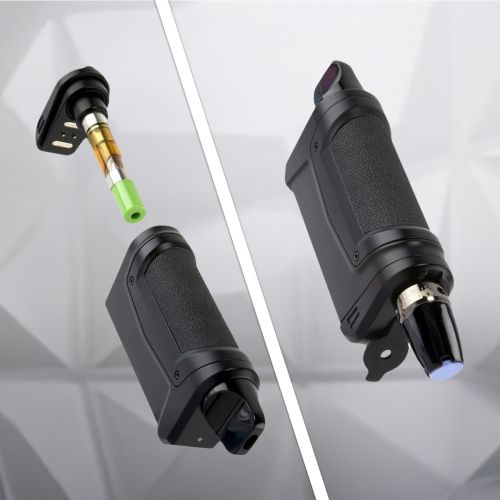 Batería Ooze Duplex 2 510 hilos: primer plano de la parte inferior desmontada del dispositivo y del vaporizador totalmente oculto.