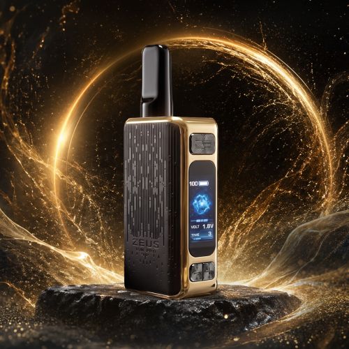 Batería Zeus Ion Pro 510 thread con acabado negro y dorado sobre rocas con un halo de luz dorada de fondo