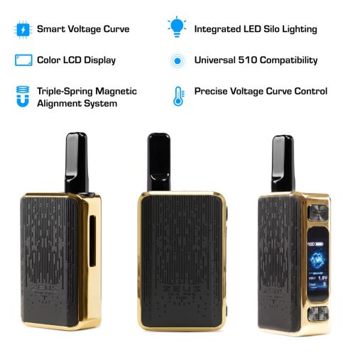 Batería Zeus Ion Pro 510 vista desde tres ángulos destacando la curva de voltaje inteligente, la pantalla LCD a color, el sistema de alineación magnética de triple resorte, la iluminación LED integrada y la compatibilidad universal con cartuchos 510
