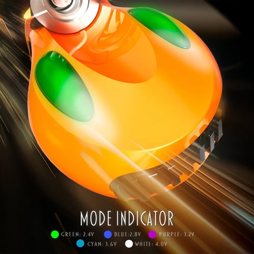 Batería de vape Lookah FF1 510 thread naranja futurista con indicadores de modo verdes, fondo dinámico con rayas de luz, ajustes de voltaje variable.