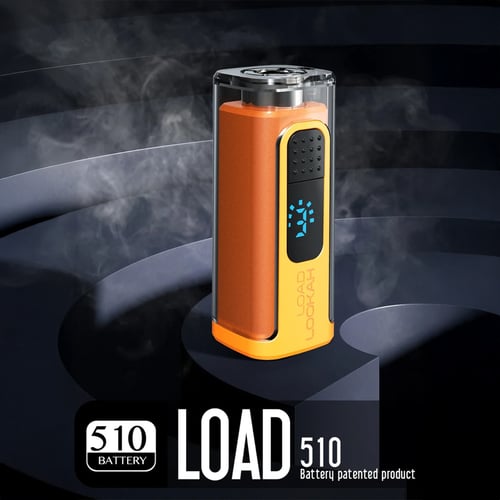 Batería con rosca Lookah Load 510 en naranja, parte superior transparente que revela los componentes internos, pantalla LED azul iluminada que muestra el estado de la carga, diseño ergonómico ideal para el vapoteo de cannabis portátil.