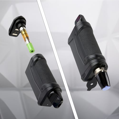 Batería Ooze Duplex 2 510 hilos: primer plano de la parte inferior desmontada del dispositivo y del vaporizador totalmente oculto.