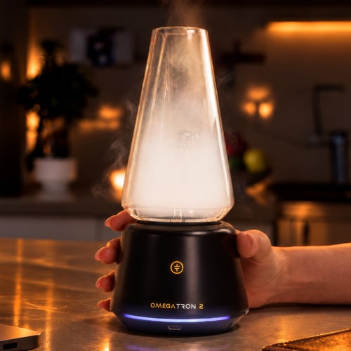 Vapor cup Tronian Omegatron 2 con el vaso de vidrio lleno de vapor blanco sobre una base negra con anillo LED azul.