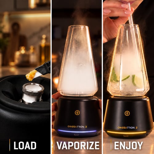 Cómo usar la vapor cup Omegatron 2: carga cera en la cámara, vaporízala en el vaso de vidrio con cítricos y sórbela con una pajita de vidrio.