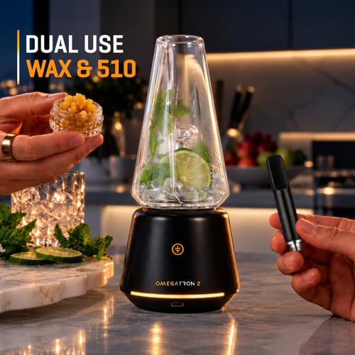 Vaporizador de doble uso Tronian Omegatron 2 para concentrados de cera y cartuchos 510, con un cartucho y un vaso decorado con menta y lima.