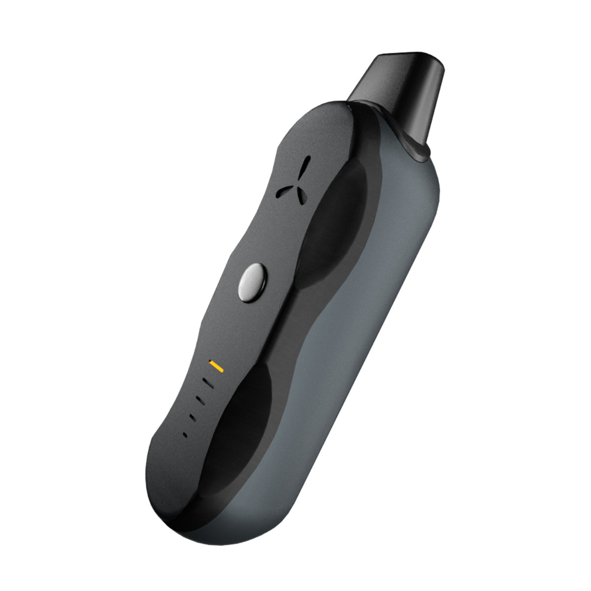 Vaporizador de hierbas AirVape XS Go en vista angular con la boquilla puesta, botón único y luces LED visibles.