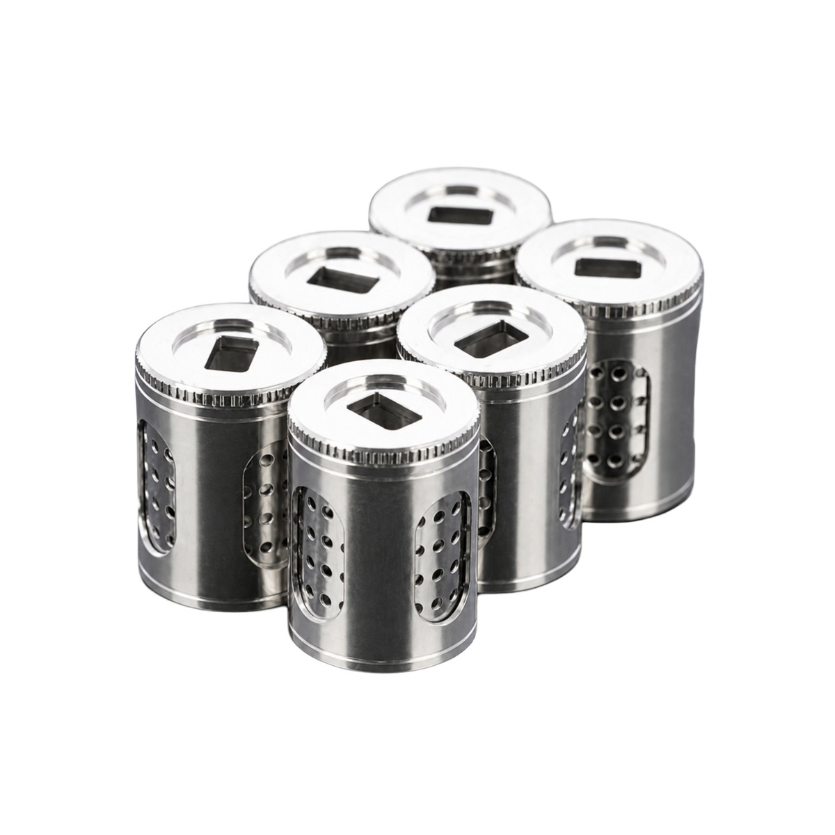 Seis cápsulas dosificadoras de acero inoxidable DaVinci IQ Series con tapas roscadas estriadas y cuerpos perforados