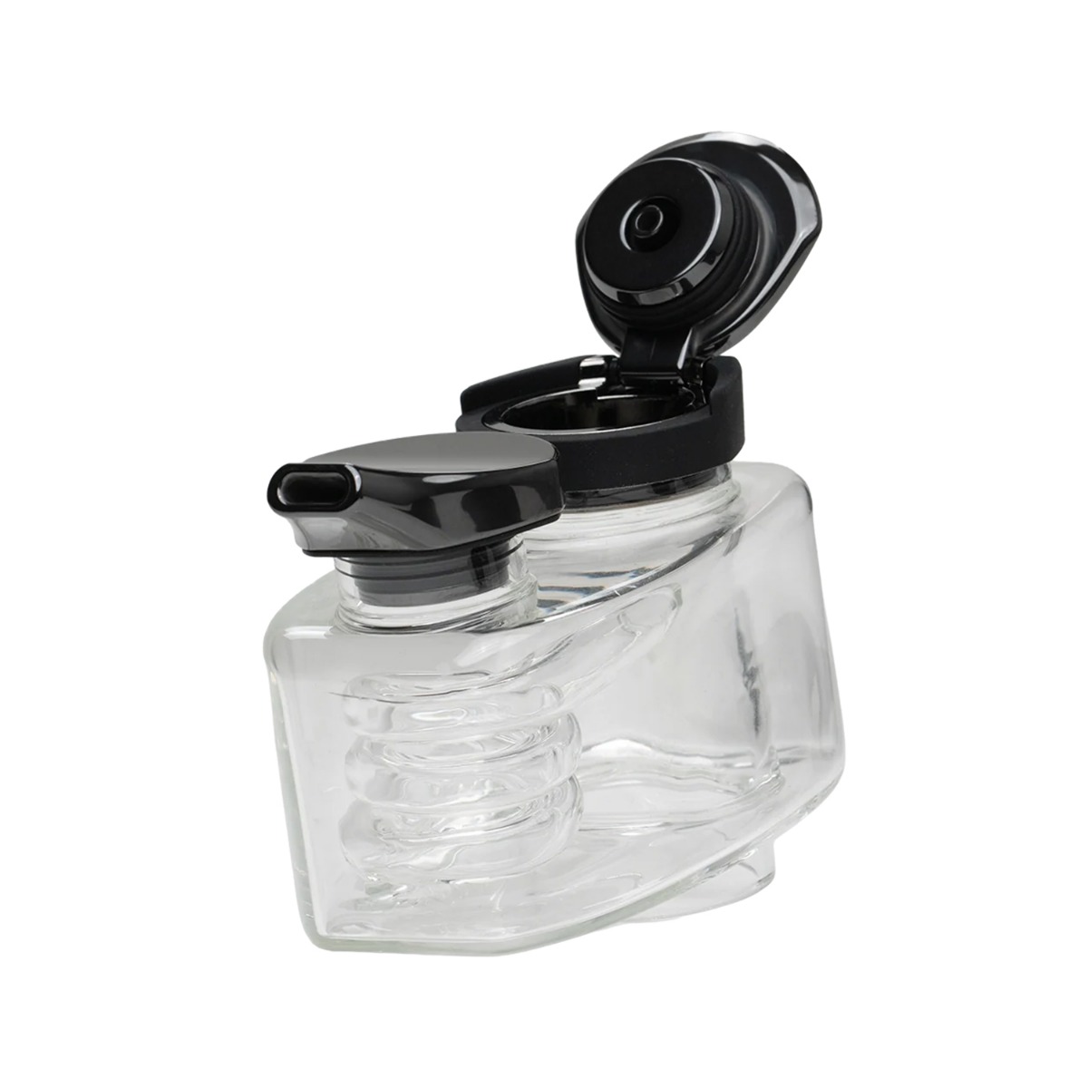 Vista lateral del Bubbler EQ Jacuzzi de DaVinci, una cámara de agua de vidrio de borosilicato transparente con su carb cap negro abatible abierto.