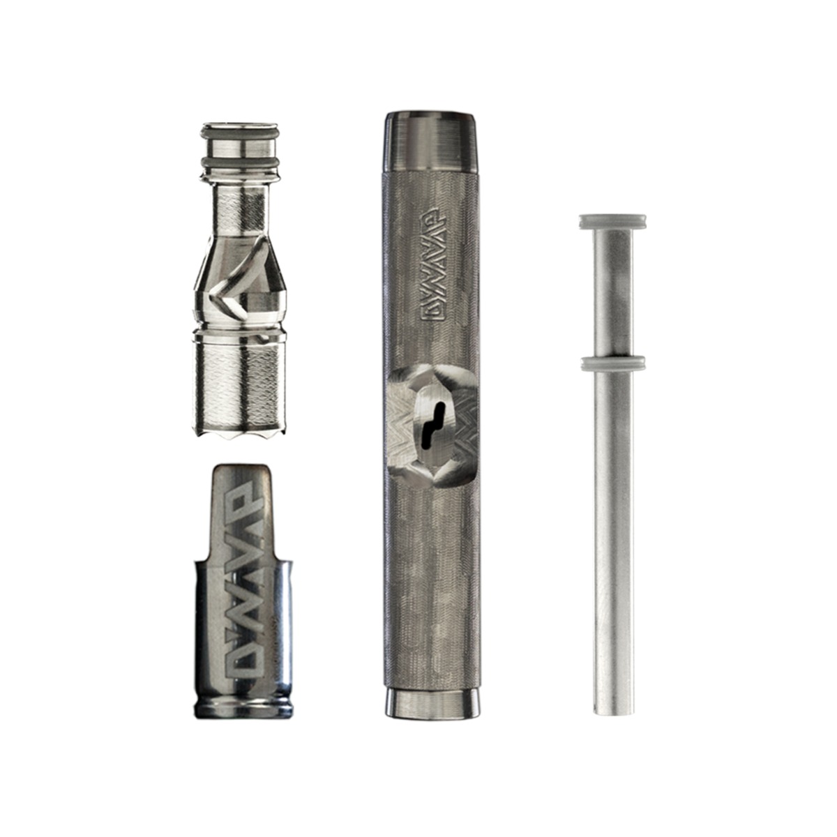 Primer plano de la punta de titanio DynaVap M7 de color acero para vaporizador de hierbas secas.