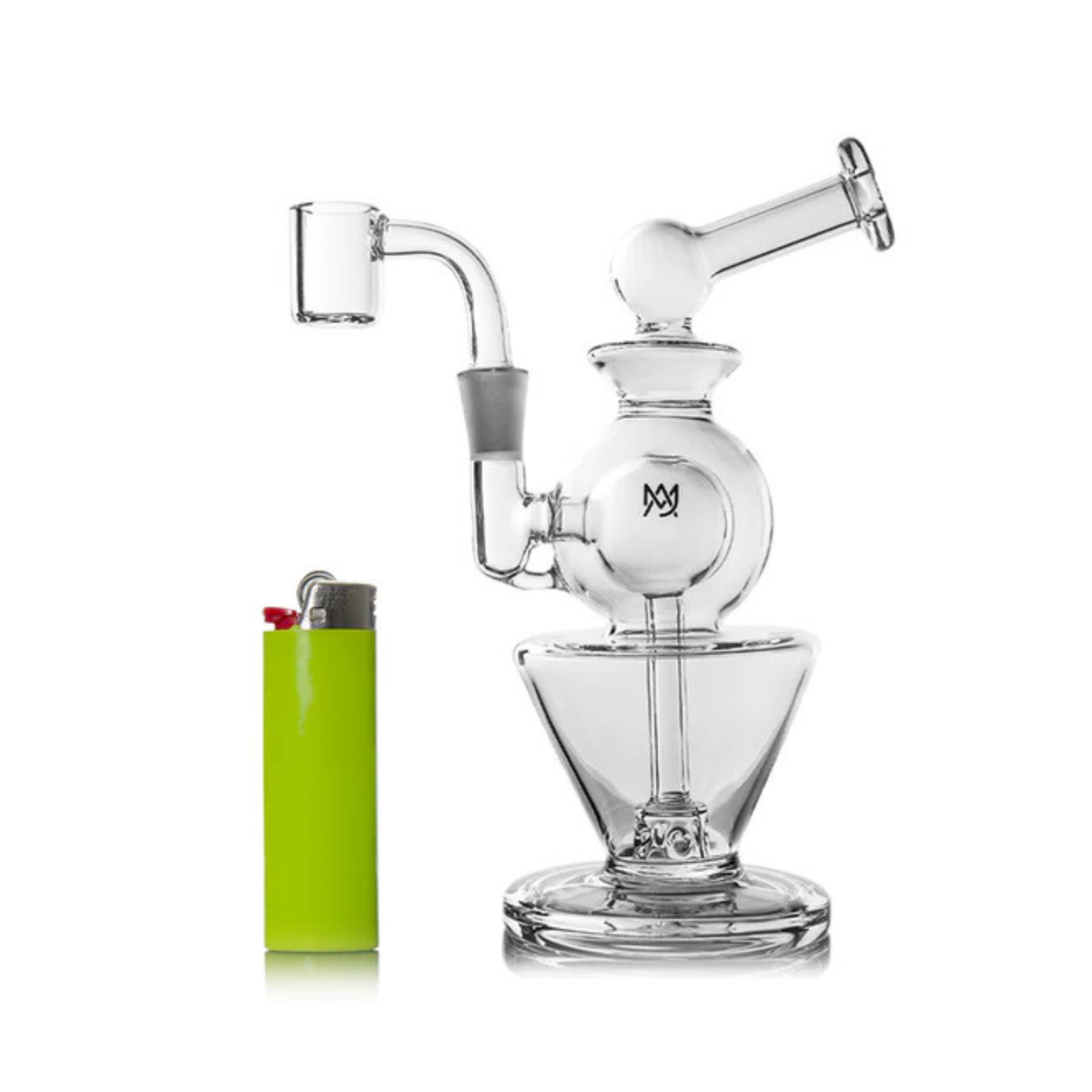 Vista lateral del MJ Arsenal Gemini Mini Dab Rig con un banger de cuarzo, junto a un mechero.