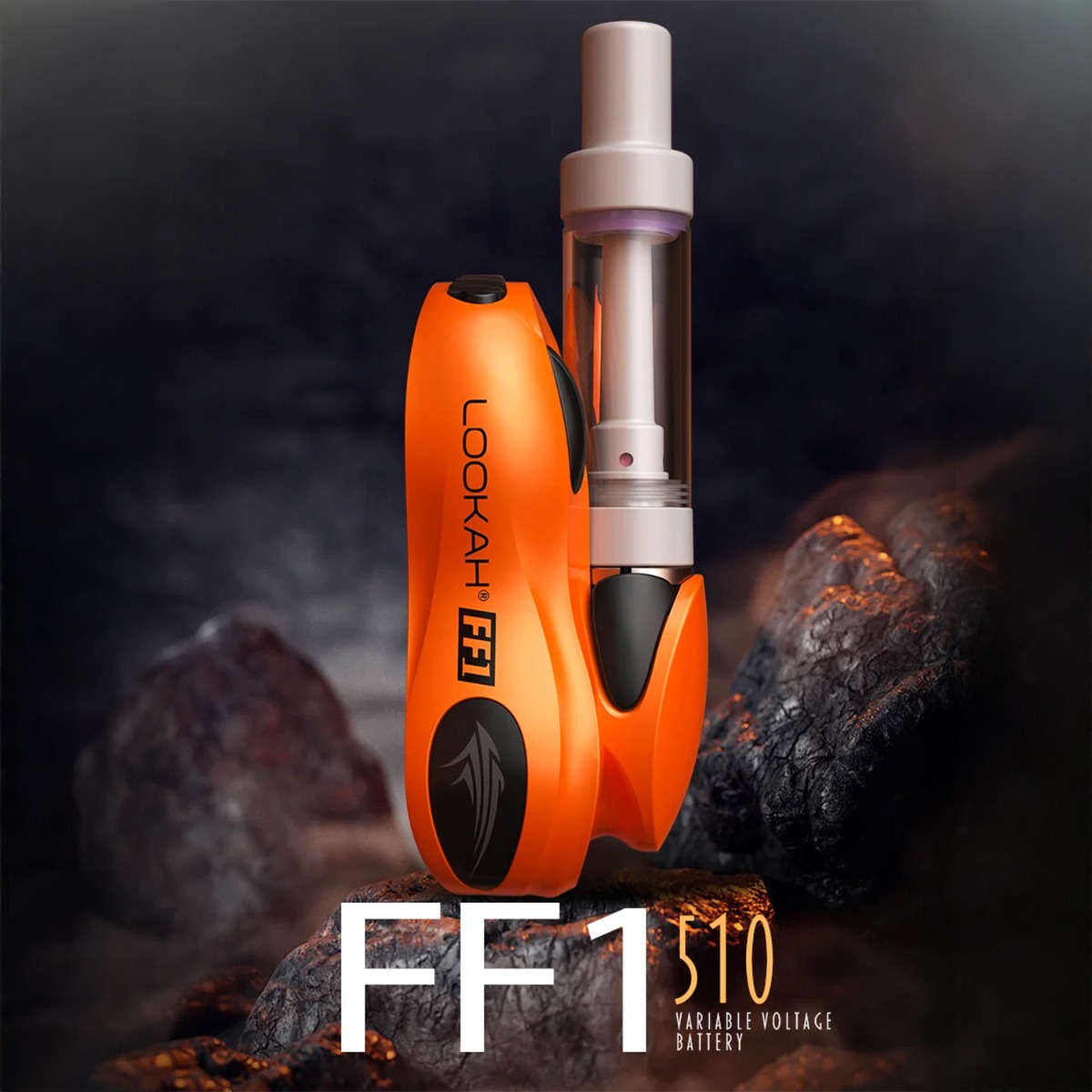 Batería de vape Lookah FF1 510 thread naranja vibrante con cartucho transparente sobre fondo volcánico oscuro, texto de marca y modelo.
