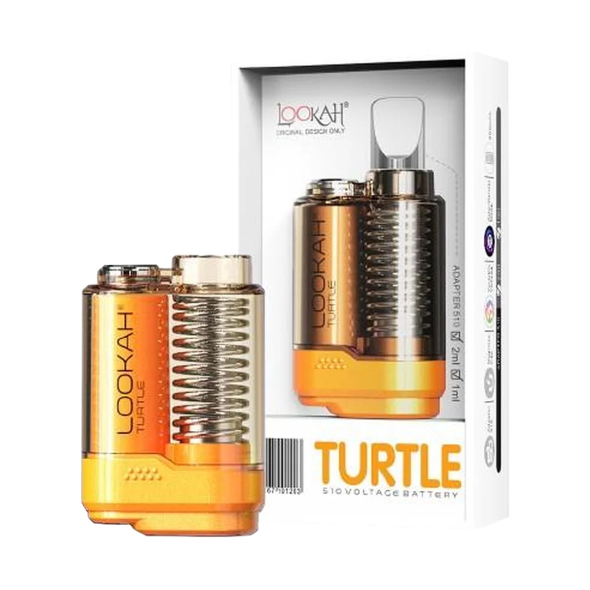 Batería Lookah Turtle 510 junto a su embalaje, con diseño compacto inspirado en tortugas en color naranja transparente y una carcasa magnética protectora para cartuchos.