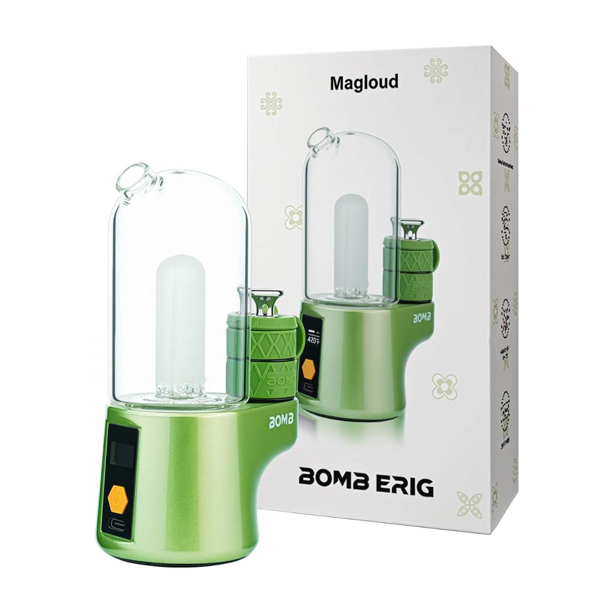 BOMB Magloud E Rig verde lima con su caja de embalaje, que incluye el equipo eléctrico portátil para vaporizar concentrados, ideal para sesiones de dabbing sobre la marcha.