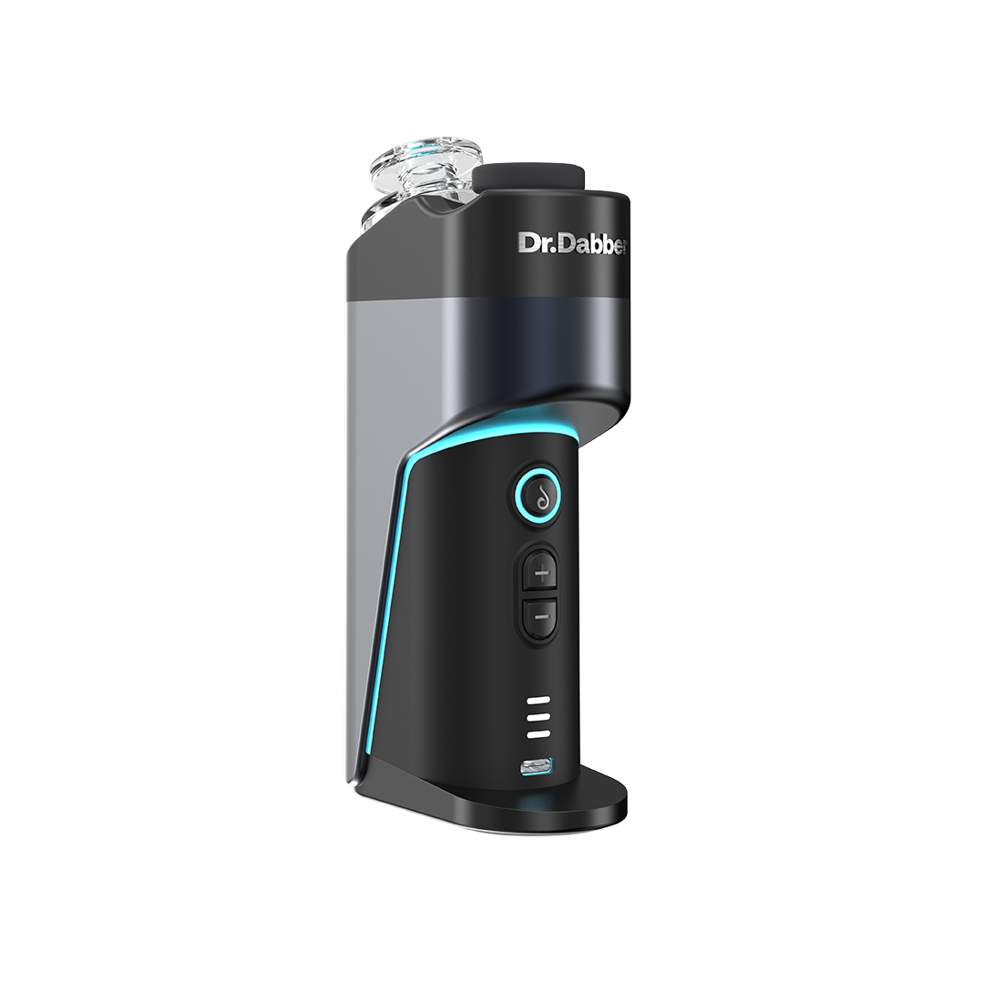Vista frontal del e-rig eléctrico Dr. Dabber Switch Go, mostrando su interfaz de tres botones, indicadores LED, el logo de Dr. Dabber y el puerto de carga USB-C.