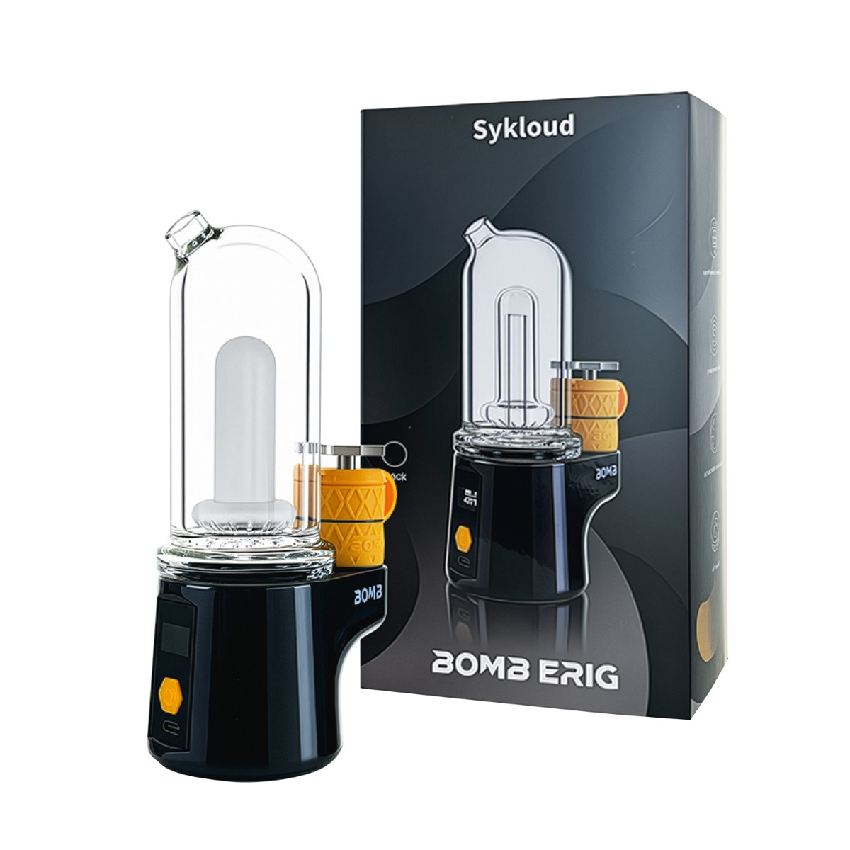El Bomb Sykloud E Rig en color negro con detalles en naranja, junto a su embalaje, sobre un fondo blanco.