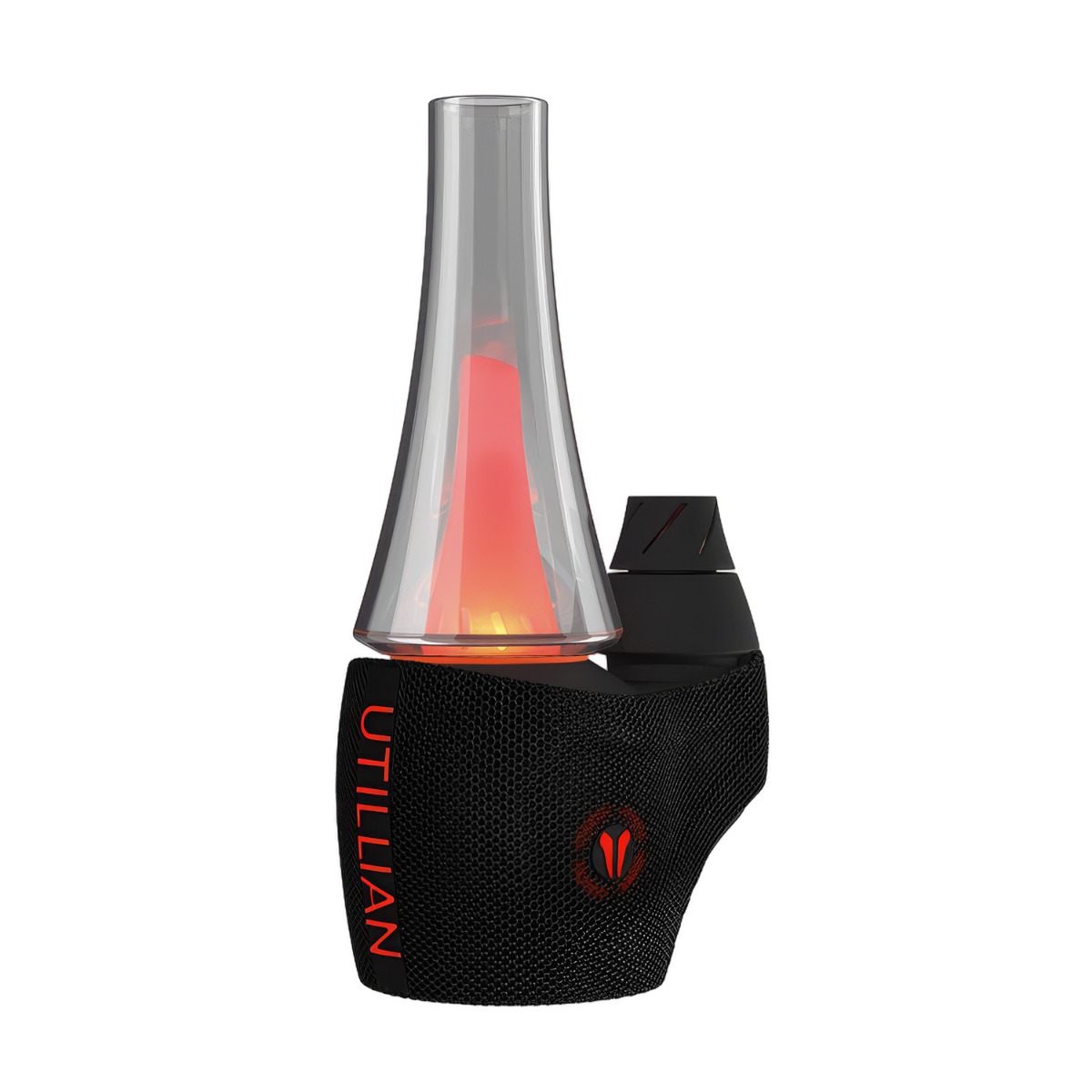 Pipa eléctrica Utillian 8 Turbo en color negro, con un bubbler de cristal que brilla en rojo y una tapa de carbón giratoria doble