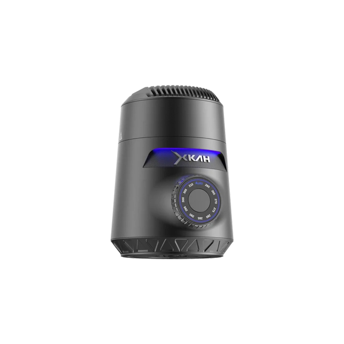 XKAH Lite Grafito, cachimba eléctrica sin carbón vista de frente en ángulo, con anillo de luz azul y rueda de temperatura