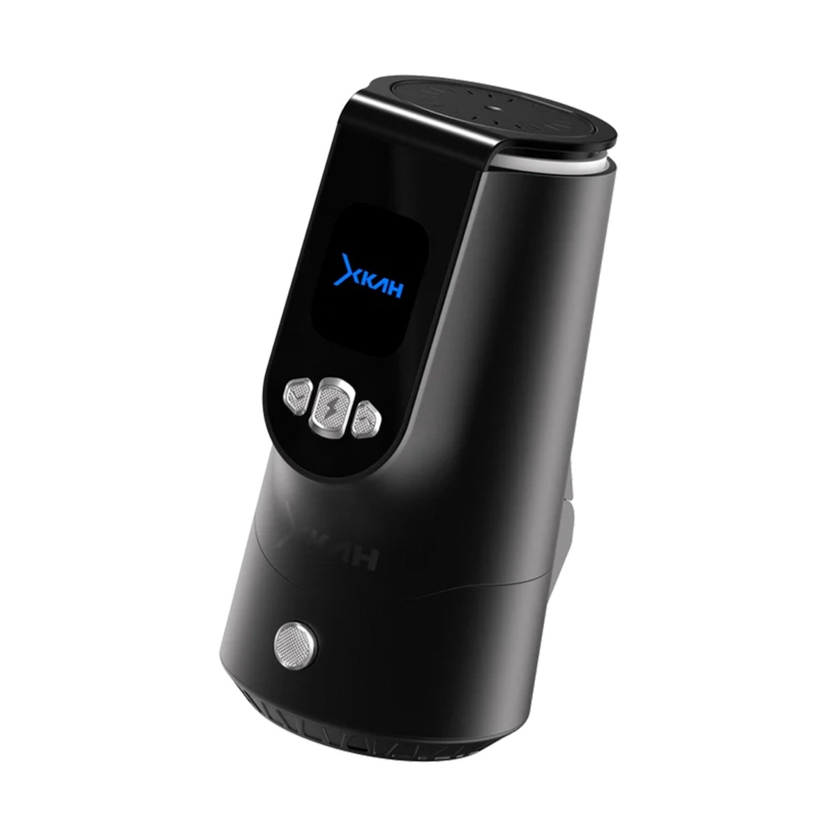 XKAH Pro Grafito, cachimba eléctrica vista de frente en ángulo, con pantalla LED y botones de control